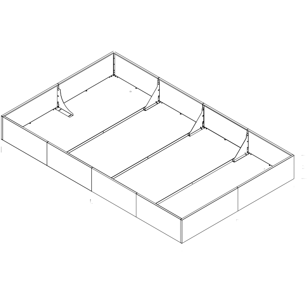 Technical drawing, isometric: low rectangular bed divided into compartments by internal cross-members