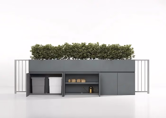 3D model of an open grey modular unit with waste bins, a watering can and a planter on top.