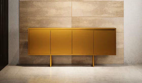 Madia di lusso da esterno Aura Open di Modularte: mobile contenitore in metallo con finitura oro satinato per l'arredo di terrazzi e zone living esclusive.