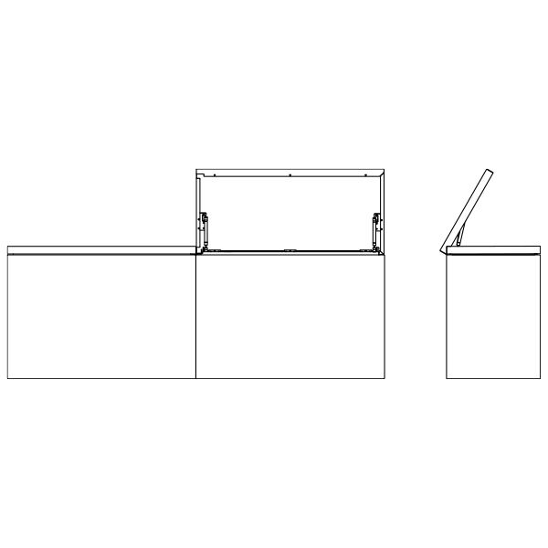 Technical drawing: storage chest with a hinged lid, shown closed and open