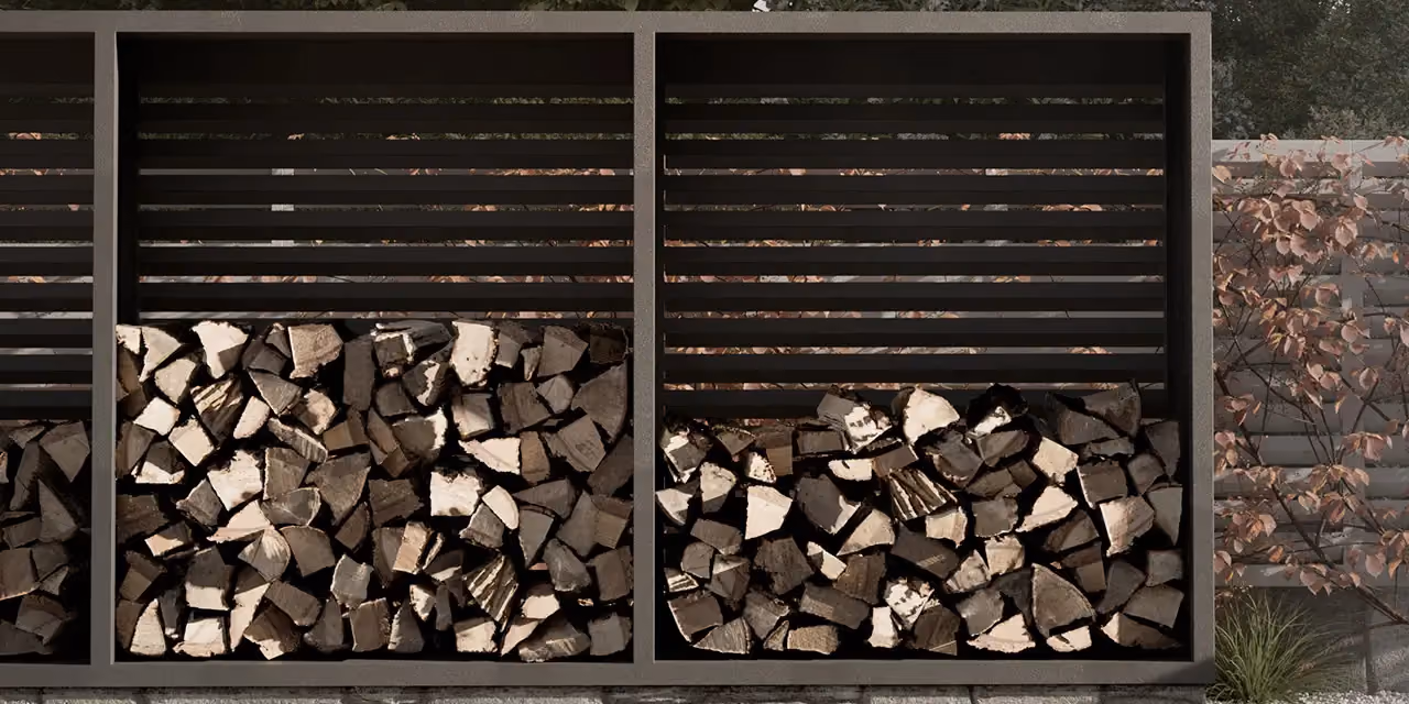 Two-bay log store with a dark metal frame and horizontal slats, filled with logs