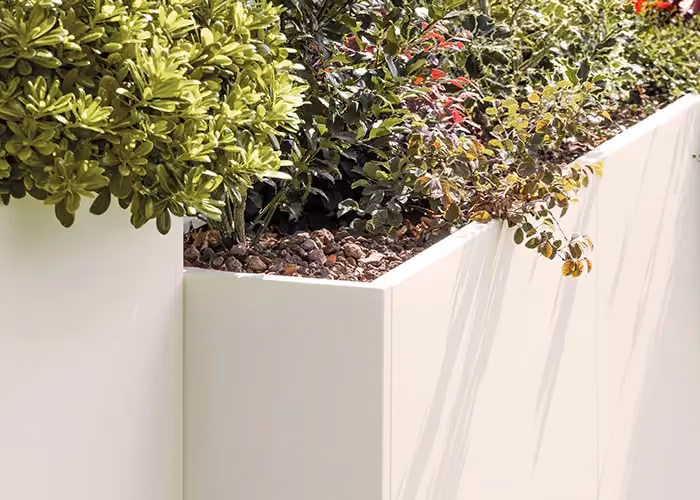 Close-up of the rim of a white planter with a layer of volcanic lapilli and decorative plants.