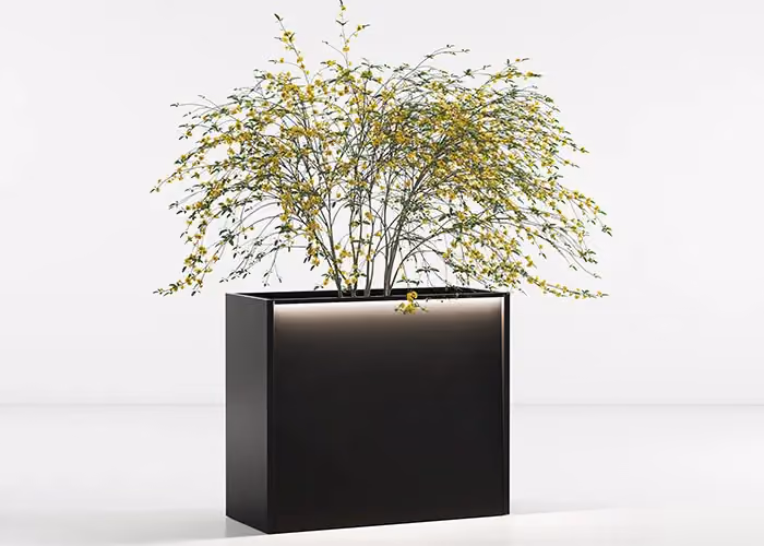 Fioriera metallica Modularte con bordo sottile per integrazione LED: sistema Cubo Led per un'illuminazione uniforme della parete esterna del vaso.