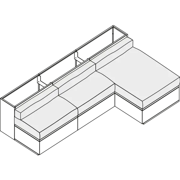 Technical drawing, isometric: L-shaped modular sofa with seat and back picked out