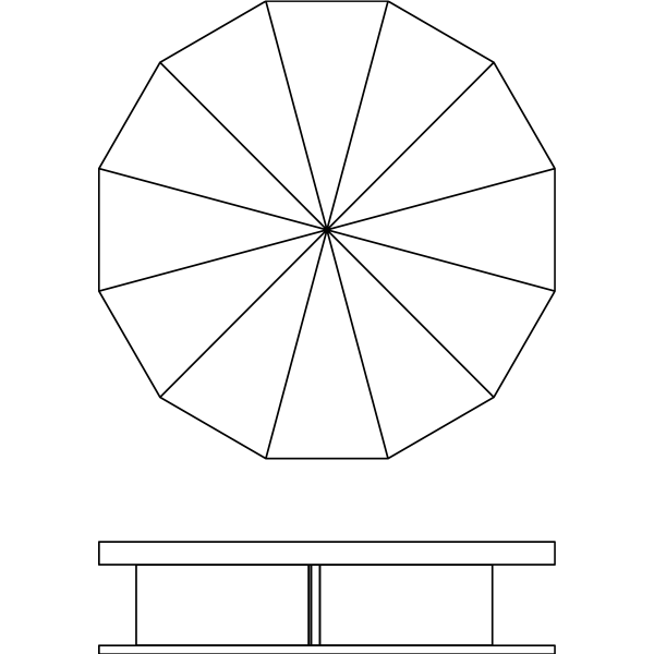 Technical drawing: circular segmented cover seen from above, and the table in side elevation
