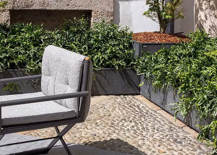 Outdoor lounge area with a grey upholstered armchair and long dark modular planters holding green planting.