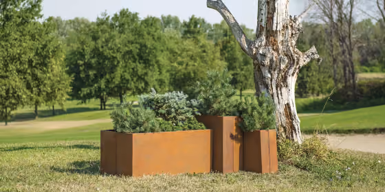 Due fioriere in acciaio corten su un prato, davanti a un ulivo