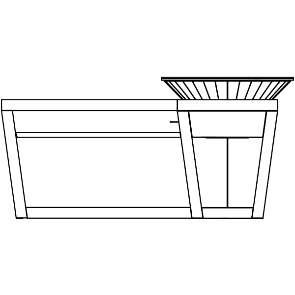 Technical drawing: counter module beside a flared fire pit, front elevation