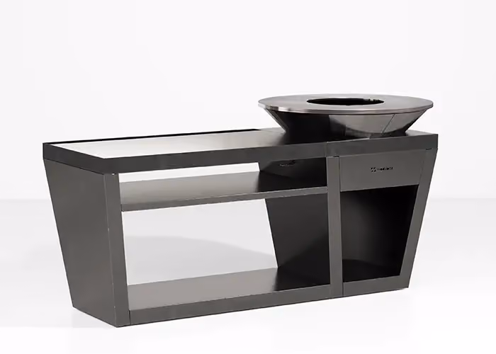 Modern outdoor barbecue module in black metal with a side resting surface, a storage bay and an integrated hearth.
